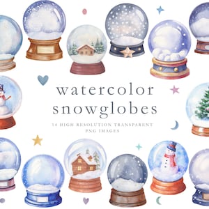 Clipart de globo de nieve, globos de nieve de acuarela, clip art, globo de Navidad, globo de nieve, árbol de navidad, muñeco de nieve, cabaña de troncos, adorno, DESCARGAR