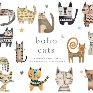 Boho cats clipart, funny cats clipart, watercolor cats, decorated cats, cats clipart, cute cats, cat drawings, children&#39;s, curly, DOWNLOAD