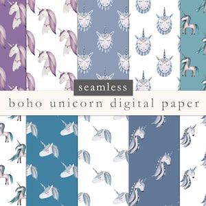 Unicorn digital paper, seamless unicorn patterns, boho unicorn, scrapbook paper, watercolor unicorns, backgrounds, blue, pink, DOWNLOAD