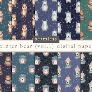 Aquarell Winter digitales Papier, süße Bären, niedliche Tiere, Schnee, Schnee, Scrapbook Papier, nahtloses Muster, digitales Papier, Wollmütze, DOWNLOAD