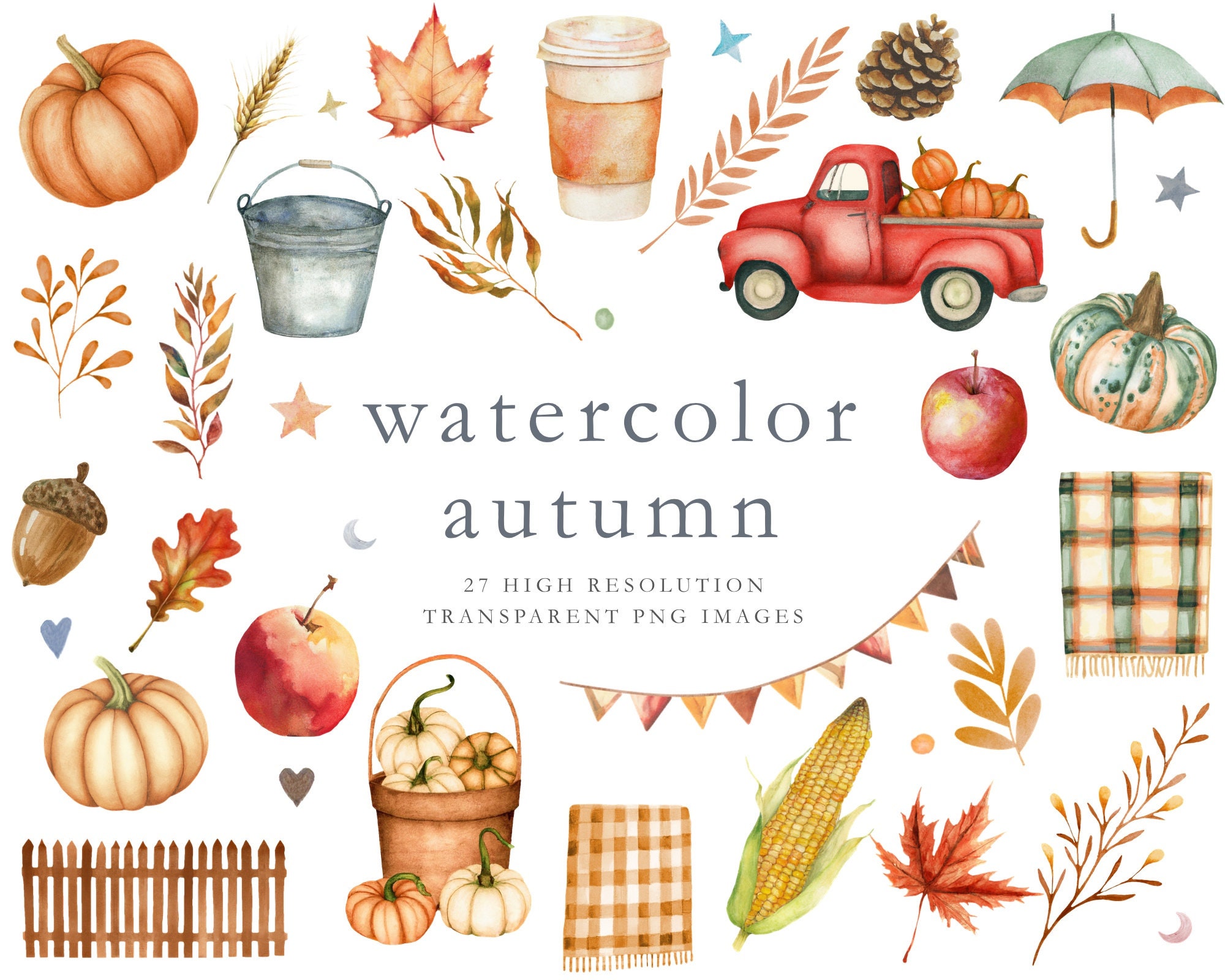 Watercolor fall clipart, watercolor autumn clipart, thanksgiving, September, fall, autumn, pumpkin clipart, pumpkin spice, truck, DOWNLOAD