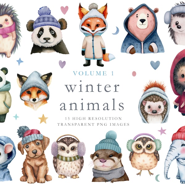 Winter animals clipart, commercial use, winter png, clip art, cute animal, winter hat, winter clipart, Christmas clipart, elephant, owl, fox