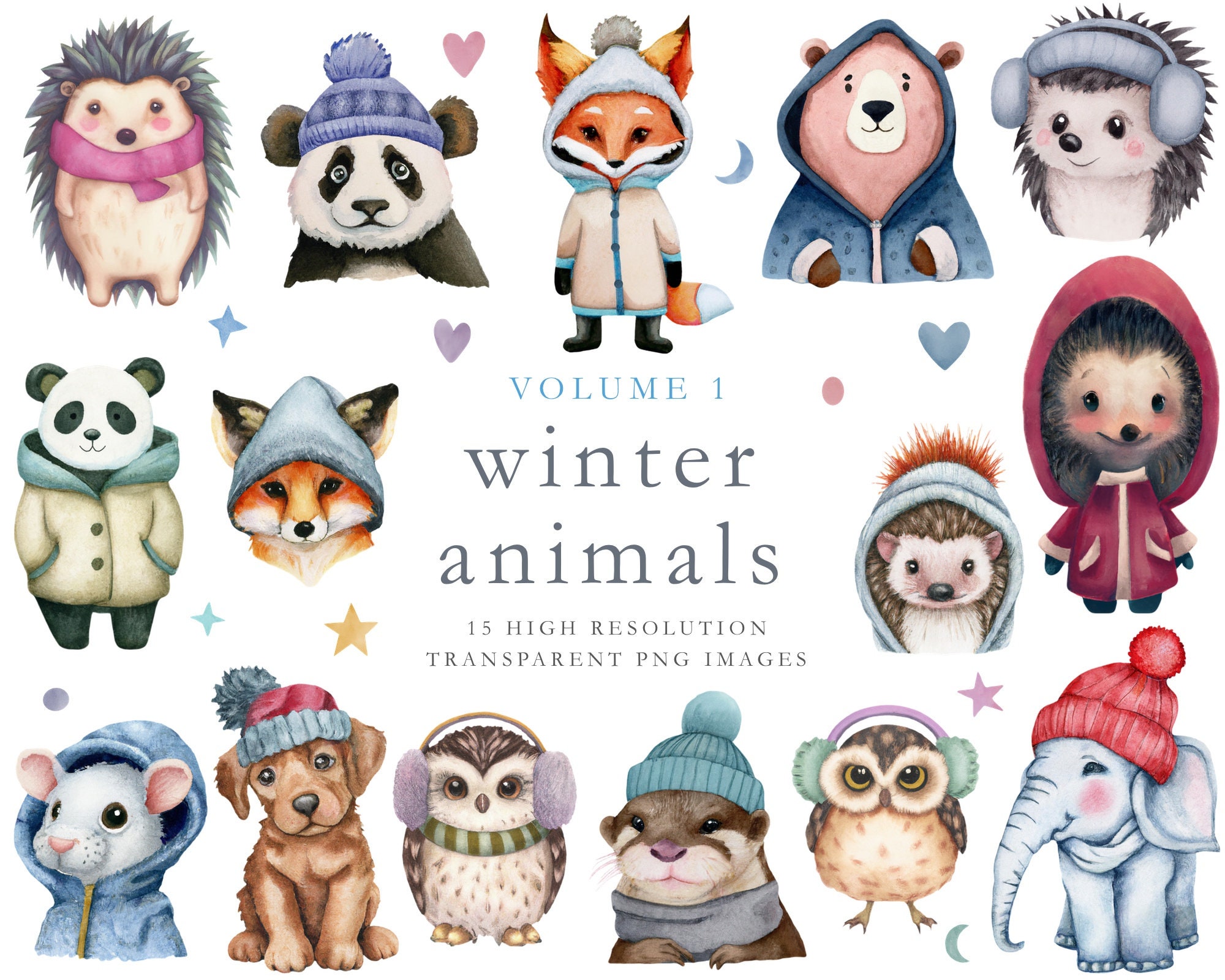 Winter animals clipart, commercial use, winter png, clip art, cute animal,  winter hat, winter clipart, Christmas clipart, elephant, owl, fox