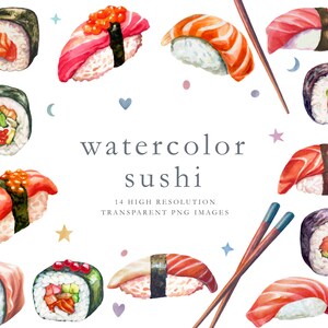 Clipart de sushi em aquarela, clipart de comida, jantar, japonês, peixe, sushi, clip art, clipart, pauzinho, salmão, atum, rolo de sushi, png, DOWNLOAD