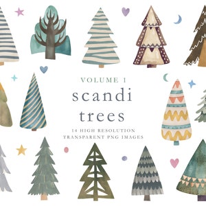Semplice albero clipart, alberi ad acquerello, albero di natale, nordico, scandi, bosco, foresta, arte naïve, pino, astratto, fiaba, DOWNLOAD