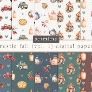 Fall digital paper, autumn digital paper, scrapbook paper, backgrounds, seamless patterns, rustic fall, apple pie, candles, red truck, leaf