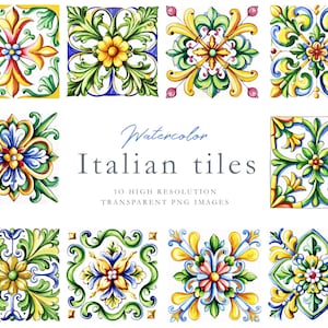Aquarell Italienische Fliesen, Mediterrane Fliesen, Clipart, Majolika Fliesen, Aquarell Clipart, gelb, blau, verschnörgelte Fliesen, dekorativ, DOWNLOAD