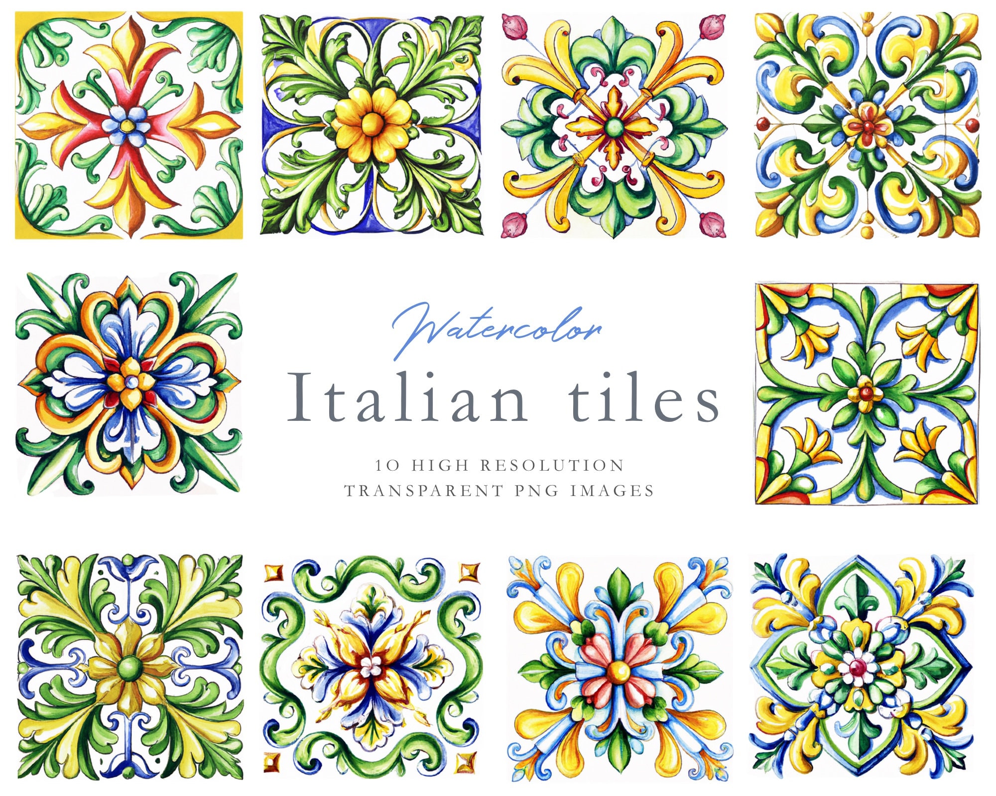 Watercolor Italian tiles, Mediterranean tiles, clipart, Majolica tiles, watercolor clipart, yellow, blue, ornate tiles, decorative, DOWNLOAD