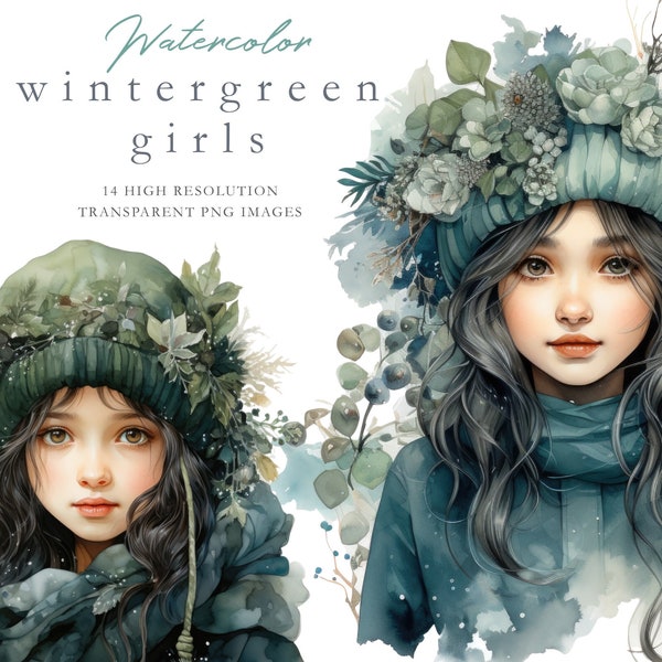 Winter girls clipart, winter watercolor clipart, png, rustic wintergreen, forest, fairy, fantasy, winter foliage, whimsical, ethereal, girls