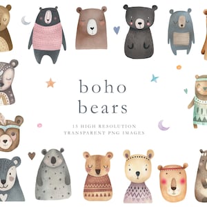 Boho Bär Aquarell Clipart, süße Bären, Boho Bär, nordischer Bär, skandinavischer Bär, naive Kunst, Mädchen Bär, Aquarell Clipart, DOWNLOAD