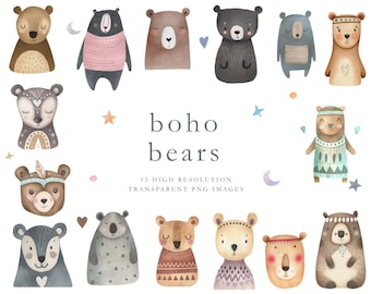 Boho bear watercolor clipart, cute bears, boho bear, nordic bear, Scandinavian bear, naive art, girl bear, watercolor clipart, DOWNLOAD