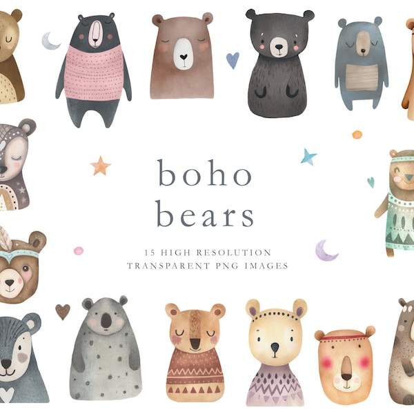 Boho bear watercolor clipart, cute bears, boho bear, nordic bear, Scandinavian bear, naive art, girl bear, watercolor clipart, DOWNLOAD