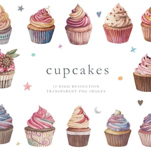 Cupcakes de acuarela, clipart de cupcake, clipart de cupcake de acuarela, imágenes digitales, cupcakes decorados, pintados, boho, pasteles, panadería, rosa