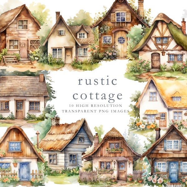Rustic cottage clipart, fantasy clipart, hygge, summer cottage, house clipart, bungalow clipart, cozy cottage, clip-art, INSTANT DOWNLOAD