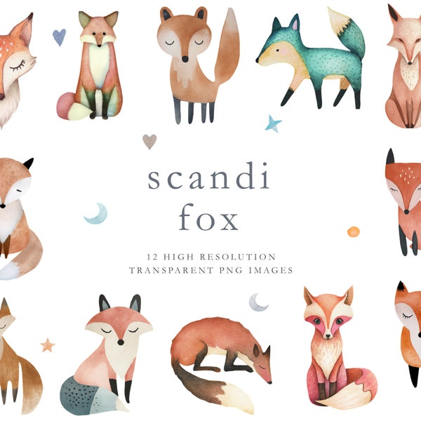 Scandinavian fox clipart, Scandi fox, nordic fox, watercolor clipart, folk art, commercial use, fox clipart, digital image, brown, DOWNLOAD