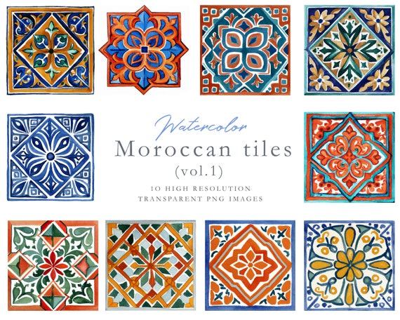 Watercolor Ceramic Tiles Ornate Tiles Clipart Decorative - Etsy