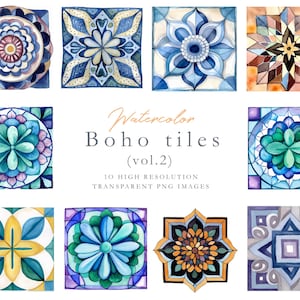 Boho decoratieve tegels, aquarel tegels, sierlijke tegels, clipart, mozaïek tegels, clipart tegels, decoratieve vierkanten, Italiaanse tegels, DOWNLOAD