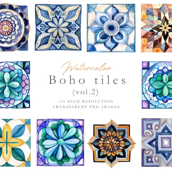 Bohemian decorative tiles, watercolor tiles, ornate tiles, clipart, mosaic tiles, clipart tiles, decorative squares, Italian tiles, DOWNLOAD