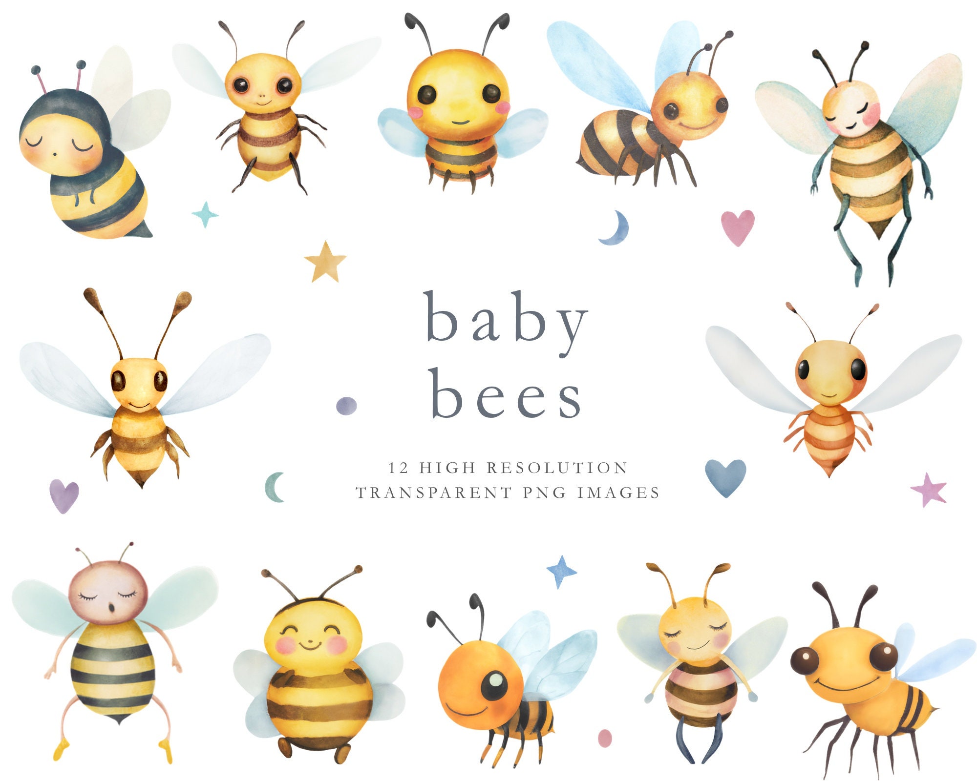 Cute bee clipart, bee png, baby bees, nursery bees, watercolor clipart,  watercolor bees, clipart, cartoon bees, transparent png, big eyes