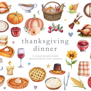 Thanksgiving watercolor clipart, thanksgiving dinner, thanksgiving table, clipart, clip art, watercolor, turkey, cranberry, fall, DOWNLOAD