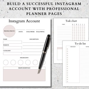 May include: Printable planner pages for Instagram account management. Includes sections for profile photo, name, website, category, highlights, main hashtags, task chart, and to-do list.