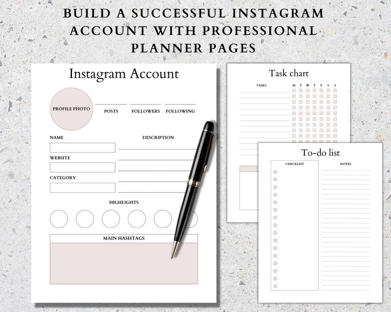 May include: Printable planner pages for Instagram account management. Includes sections for profile photo, name, website, category, highlights, main hashtags, task chart, and to-do list.