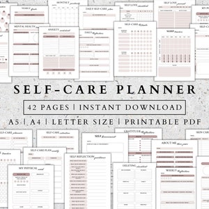 Puede incluir: Un planificador de autocuidado imprimible de 42 páginas. El planificador incluye secciones para el seguimiento del estado de ánimo, la salud mental, la ansiedad, el autocuidado diario, el amor propio, el sueño, la gratitud, el cuidado de la piel y mucho más. El planificador está diseñado en un estilo minimalista con un esquema de color rosa y blanco.