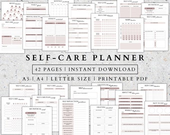 May include: A printable self-care planner with 42 pages. The planner includes sections for mood tracking, mental health, anxiety, daily self-care, self-love, sleep, gratitude, skin care, and more. The planner is designed in a minimalist style with a pink and white color scheme.
