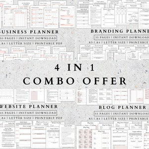 May include: A collage of four printable planner pages for business, branding, website, and blog planning. Each page has a pink and white color scheme and includes a variety of sections and checklists. The text on the page reads "4 in 1 Combo Offer".