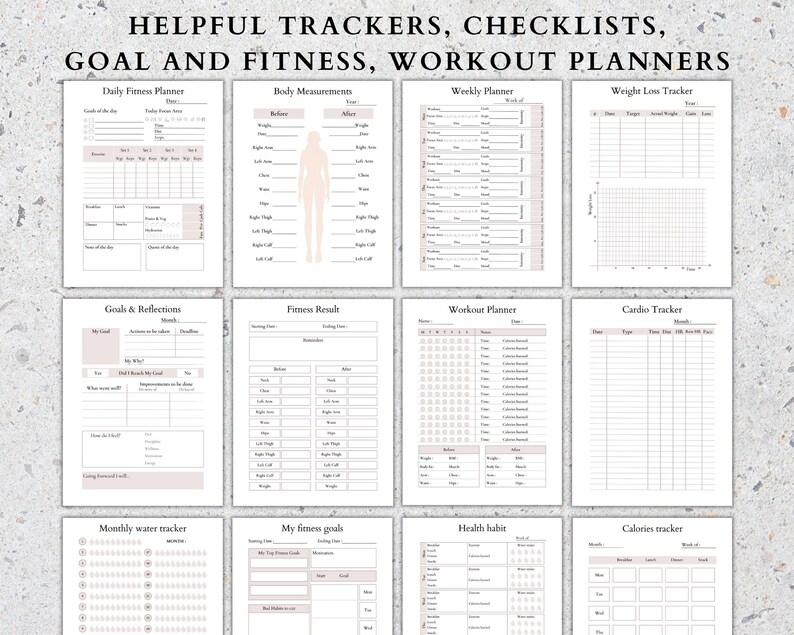 May include: A set of printable fitness trackers, checklists, and planners. The pages include sections for daily fitness, body measurements, weekly planner, weight loss tracker, goals and reflections, fitness results, workout planner, cardio tracker, monthly water tracker, fitness goals, health habits, and calories tracker.