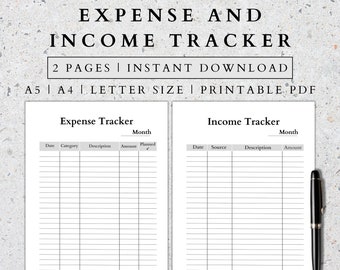 May include: Printable expense and income tracker with two pages. The tracker has columns for date, category, description, amount, and planned. The income tracker has columns for date, source, description, and amount.
