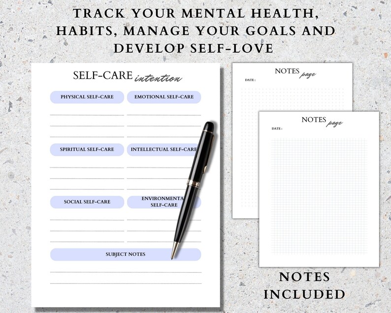 May include: A printable self-care journal with sections for physical, emotional, spiritual, intellectual, social, and environmental self-care. The journal also includes pages for notes.
