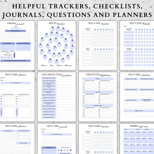 May include: A set of printable self-care trackers, checklists, journals, questions, and planners. The pages are designed with a light blue and white color scheme and feature a variety of prompts and sections for self-reflection, goal setting, and habit tracking.