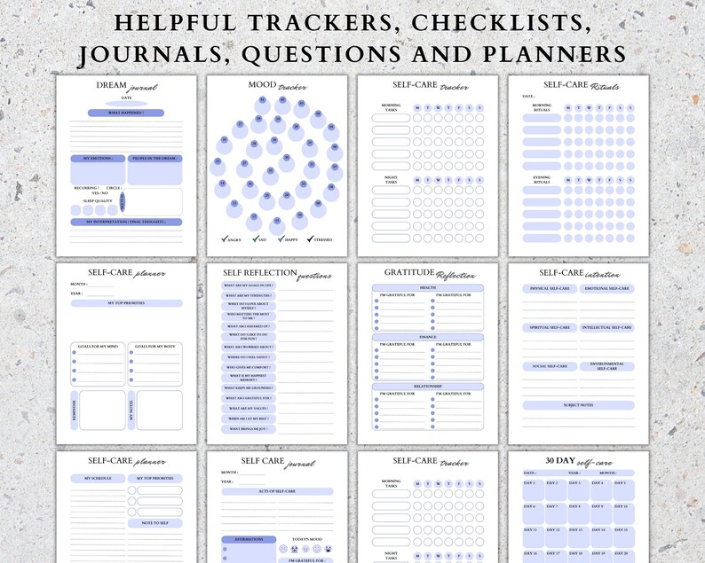 May include: A set of printable self-care trackers, checklists, journals, questions, and planners. The pages are designed with a light blue and white color scheme and feature a variety of prompts and sections for self-reflection, goal setting, and habit tracking.