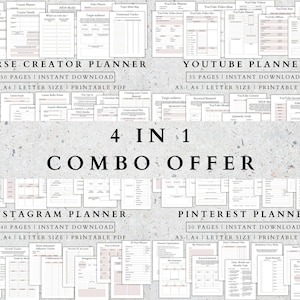 May include: A collage of four printable planner designs for course creators, YouTubers, Instagram users, and Pinterest users. The planners are in a light pink and white color scheme and feature a variety of templates and worksheets. The text "4 IN 1 COMBO OFFER" is displayed in the center of the image.