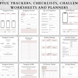 May include: A printable worksheet set for Instagram marketing. The worksheets include sections for Instagram stories, Instagram account, spy on competitors, IGTV planner, Instagram content, hashtag set, holiday hashtags, growth tracker, Instagram analysis, Instagram profile, IG activity tracker, and IG daily planner.