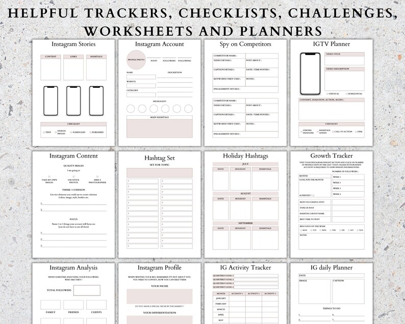 May include: A printable worksheet set for Instagram marketing. The worksheets include sections for Instagram stories, Instagram account, spy on competitors, IGTV planner, Instagram content, hashtag set, holiday hashtags, growth tracker, Instagram analysis, Instagram profile, IG activity tracker, and IG daily planner.