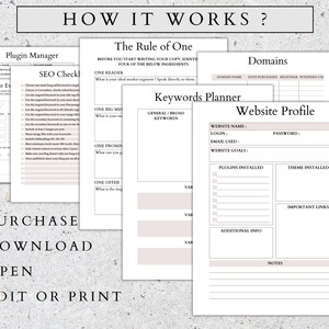May include: A printable worksheet with sections for website planning, including domain name, website profile, keywords, and SEO checklist. The worksheet is titled "How It Works?" and includes the text "Purchase, Download, Open, Edit or Print".