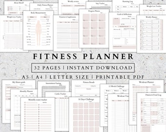 Fitness Planner Bundle: Workout & Weight Loss Tracker (PDF A5, A4, Letter)