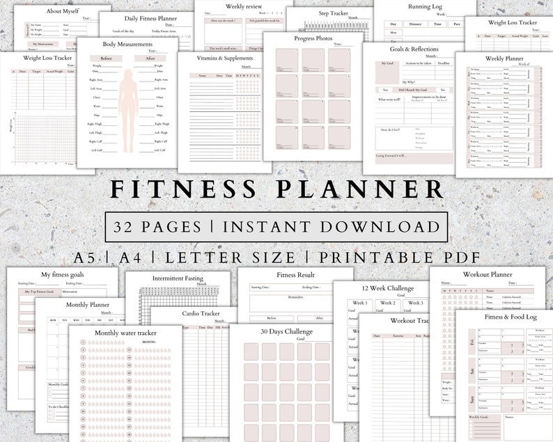 May include: A printable fitness planner with 32 pages. The planner includes sections for daily fitness plans, weekly reviews, step tracking, running logs, weight loss tracking, progress photos, goals and reflections, weekly planners, monthly planners, water tracking, intermittent fasting, cardio tracking, 30-day challenges, 12-week challenges, workout tracking, and fitness and food logs.