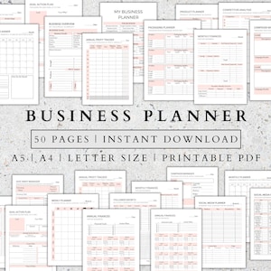 Puede incluir: Un conjunto de páginas imprimibles de planificador de negocios en tonos rosa pálido y blanco. Las páginas incluyen secciones para la planificación mensual, la definición de objetivos y el seguimiento financiero. El texto de la imagen dice "BUSINESS PLANNER" y "50 PAGES | INSTANT DOWNLOAD".