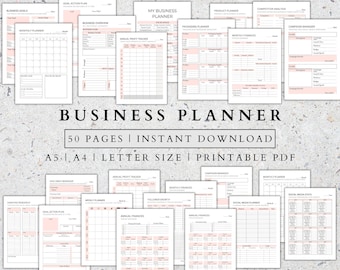 May include: A collection of printable business planner pages with a soft pink and white color scheme. The pages include sections for monthly planning, goal setting, and financial tracking. The text on the image reads "BUSINESS PLANNER" and "50 PAGES | INSTANT DOWNLOAD".
