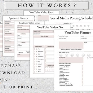 May include: A printable planner for YouTube content creators. The planner includes sections for YouTube video ideas, a social media posting schedule, and a YouTube planner with sections for channel name, description, login, password, icon, how often to publish, publishing days, audience, and playlists.