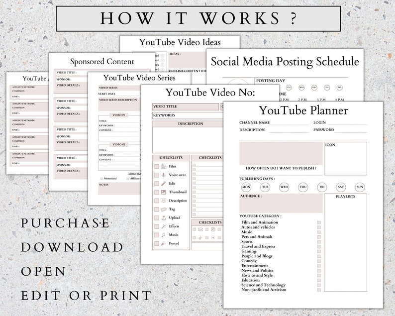 May include: A printable planner for YouTube content creators. The planner includes sections for YouTube video ideas, a social media posting schedule, and a YouTube planner with sections for channel name, description, login, password, icon, how often to publish, publishing days, audience, and playlists.