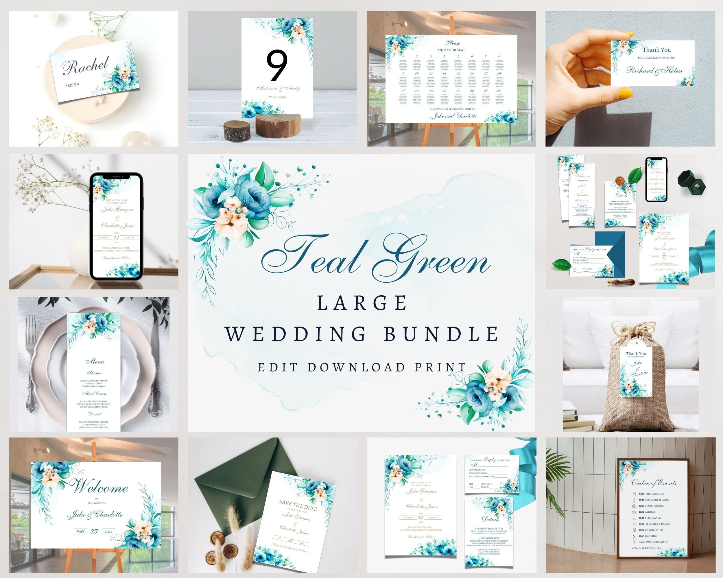 Teal Floral Wedding Invitation Suite Minimalist Template (