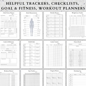 May include: A collection of white paper fitness and goal planners with black text. The planners include sections for daily fitness, body measurements, weekly planning, weight loss tracking, goals, health habits, cardio, fitness results, workouts, steps, progress photos, and running logs.