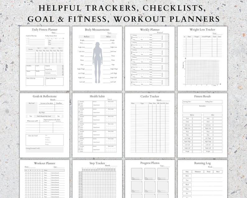 May include: A collection of white paper fitness and goal planners with black text. The planners include sections for daily fitness, body measurements, weekly planning, weight loss tracking, goals, health habits, cardio, fitness results, workouts, steps, progress photos, and running logs.