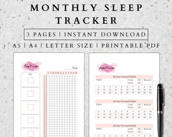 Può includere: Tracker mensile per il sonno e le abitudini stampabile con accenti acquerello rosa. Il tracker del sonno ha una chiave e una griglia per ogni mese dell'anno. Il tracker delle abitudini ha tre sezioni per abitudini focalizzate di 30 giorni. Ogni sezione ha una colonna per l'abitudine, l'obiettivo, il fatto e la ricompensa.