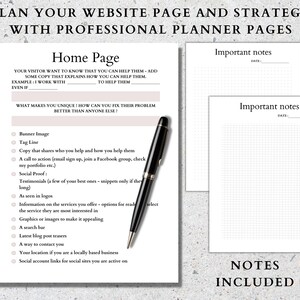 May include: A printable planner page for website planning. The page is titled "Home Page" and includes a checklist of items to consider for a website, such as banner image, tag line, copy that shares who you help and how you help them, a call to action, social proof, testimonials, and more. The page also includes two blank "Important Notes" pages with a grid pattern.