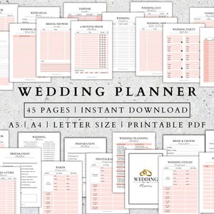 Puede incluir: Un planificador de bodas imprimible de 45 páginas en tamaños A5, A4 y carta. El planificador incluye listas de verificación para el día de la boda, la despedida de soltera, los gastos de los proveedores y mucho más. La portada presenta un diseño rosa y blanco con el texto "Wedding Planner" y "45 Pages | Descarga instantánea".